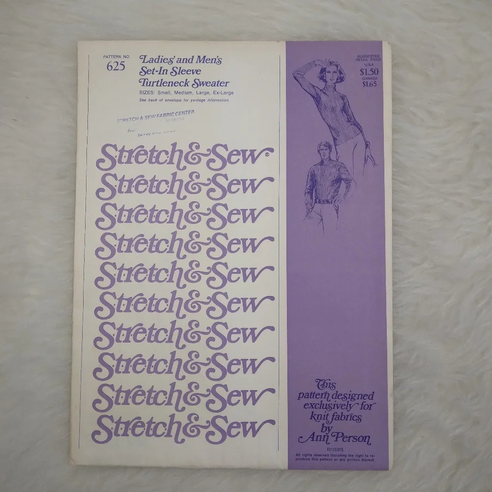 STRETCH & SEW 625 Sz S-XL Ladies' & Men's Set In Sleeve Turtleneck Sweater
